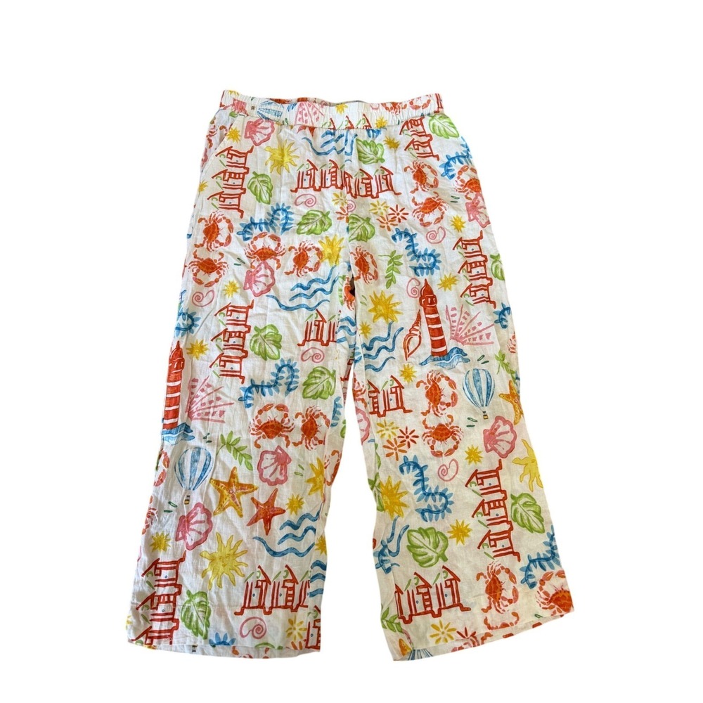 Panama Jack Womens Linen Blend  Beach Print Wide Leg Lounge Pants Large